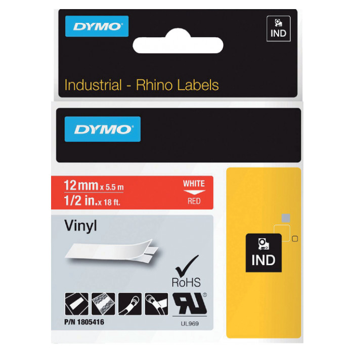 Labeltape Dymo Rhino industrieel vinyl 12mm wit op rood