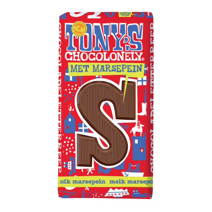 Chocoladeletter Tony's Chocolonely melk marsepein S 180gr