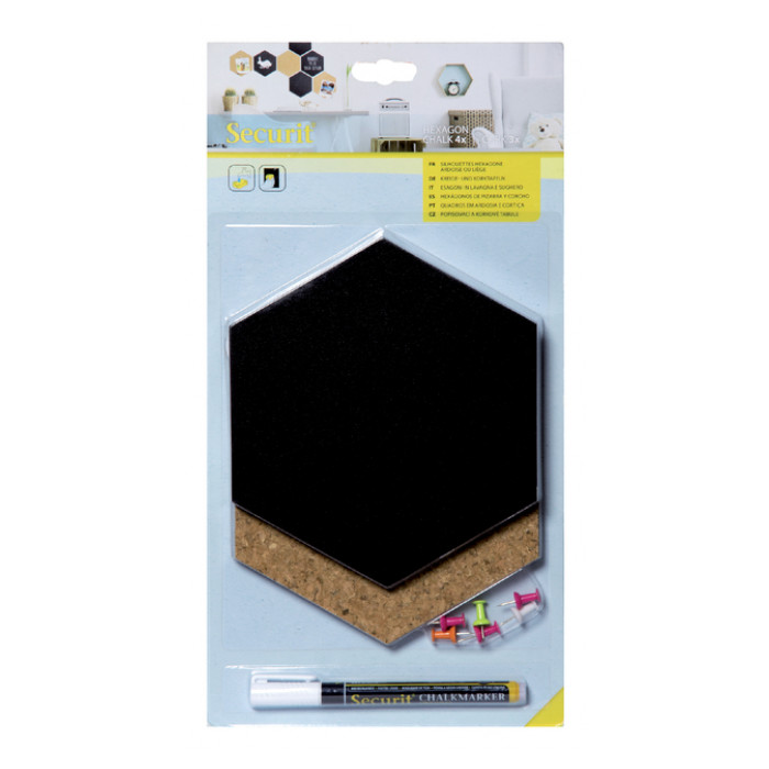 Krijt+ prikbord Securit Hexagon set 7 stuks zwart + 1 marker